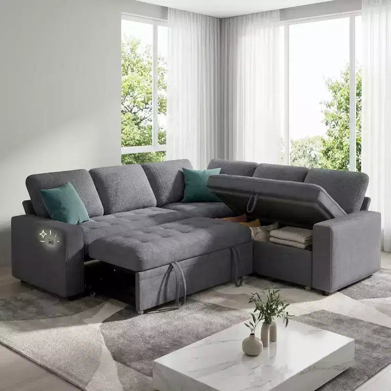 Canapé d'angle modulable 5 places Dyonery pour petits espaces, avec lit gigogne, rangement, ports USB et fonction d'inclinaison.