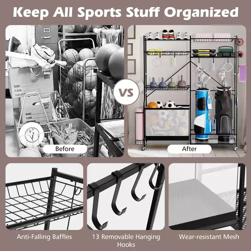 Organisateur d'équipement sportif Gymax avec support pour tapis de yoga, panier de ballons et étagères réglables et roulettes pivotantes verrouillables pour garage, gymnase, sous-sol