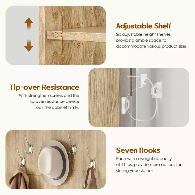 Meuble de rangement haut Okak 70,9 pouces avec banc et étagères, meuble d'entrée autoportant avec 7 patères, rangement à chaussures d'entrée