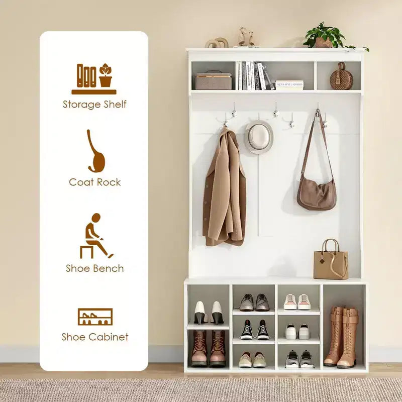 Meuble de rangement haut Okak 70,9 pouces avec banc et étagères, meuble d'entrée autoportant avec 7 patères, rangement à chaussures d'entrée