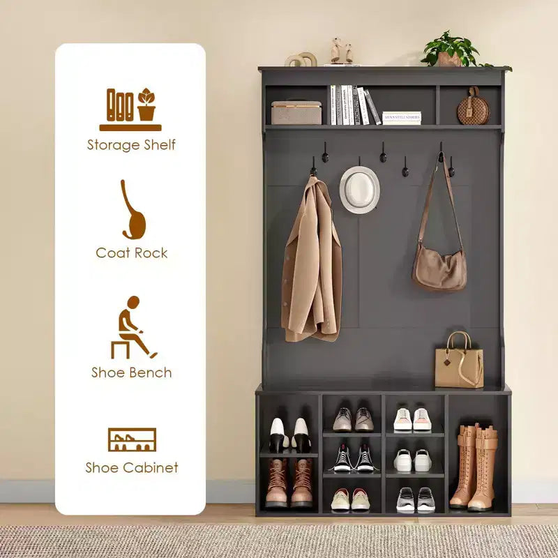 Meuble de rangement haut Okak 70,9 pouces avec banc et étagères, meuble d'entrée autoportant avec 7 patères, rangement à chaussures d'entrée