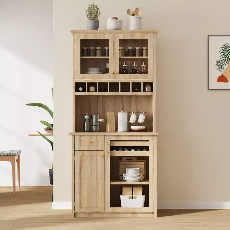 Meuble de rangement haut de cuisine de 190,5 cm avec portes vitrées, buffet autoportant pour cuisine, salle à manger ou salon - Panipeachy