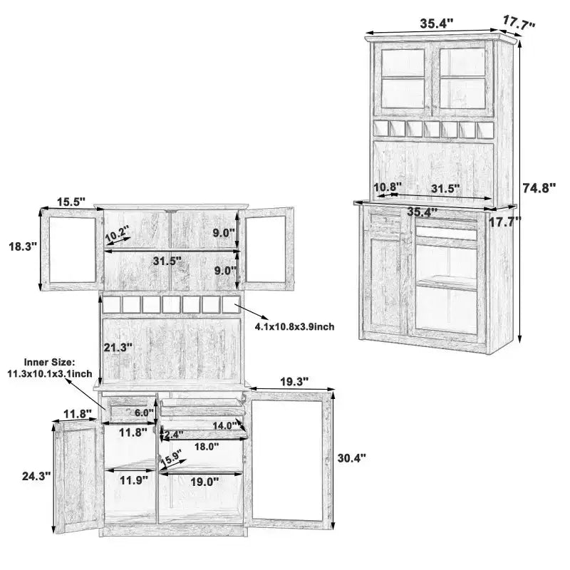 Meuble de rangement haut de cuisine de 190,5 cm avec portes vitrées, buffet autoportant pour cuisine, salle à manger ou salon - Panipeachy