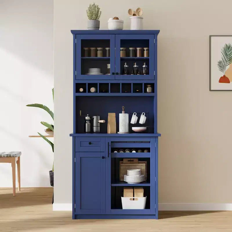 Meuble de rangement haut de cuisine de 190,5 cm avec portes vitrées, buffet autoportant pour cuisine, salle à manger ou salon - Panipeachy
