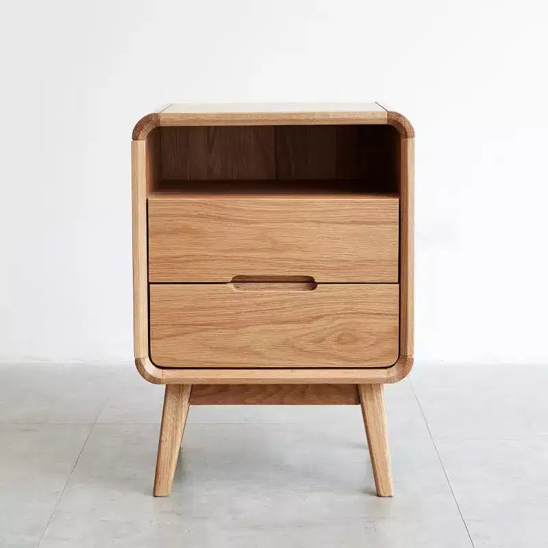 Table de chevet moderne en chêne massif avec 2 tiroirs, Table de chevet de style Mid-Century avec rangement, Table de chevet compacte en bois pour chambre à coucher - Panipeachy