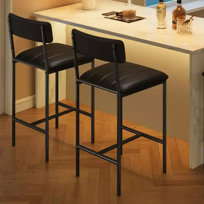 Set of 2 Counter Height Bar Stools with Footrest & Back - PU Leather Kitchen Barstools for Island, Counter, Apartment - Classic Black