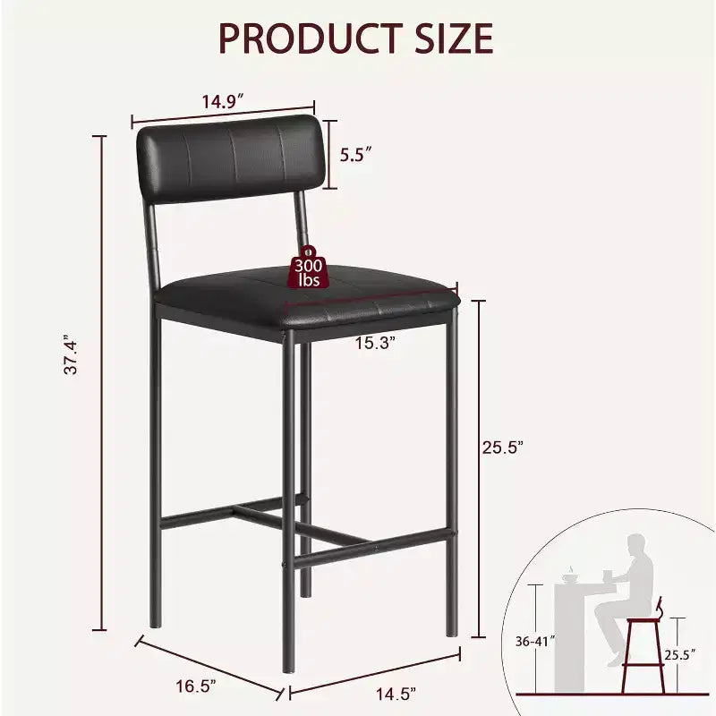 Lot de 2 tabourets de bar à hauteur de comptoir avec repose-pieds et dossier – Tabourets de bar de cuisine en cuir PU pour îlot, comptoir, appartement – Noir classique