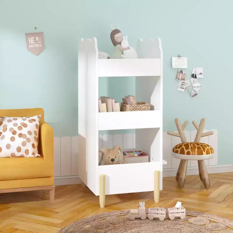 Étagère à Livres pour Enfants avec Côté Tableau Noir Bibliothèque en Bois en Forme d'Ours avec 3 Niveaux de Rangement, Tableau de Dessin pour Tout-Petits, Organisateur de Jouets et de Livres Blanc