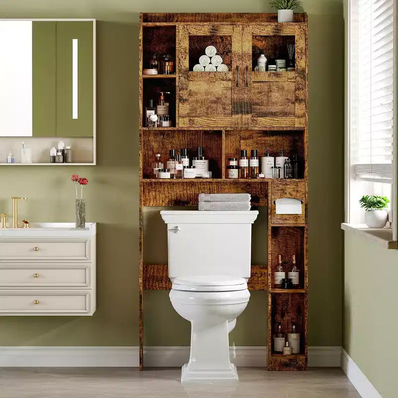 Meuble de rangement sur toilettes avec étagères réglables, armoire de salle de bain haute avec portes vitrées, organisateur de toilettes autoportant pour salle de bain