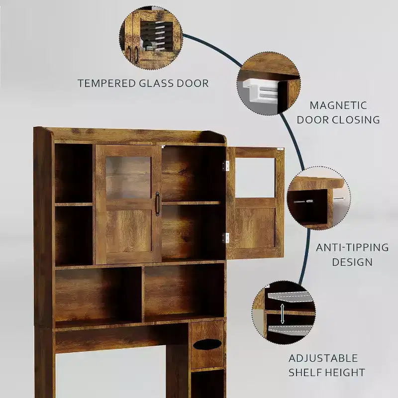 Meuble de rangement sur toilettes avec étagères réglables, armoire de salle de bain haute avec portes vitrées, organisateur de toilettes autoportant pour salle de bain