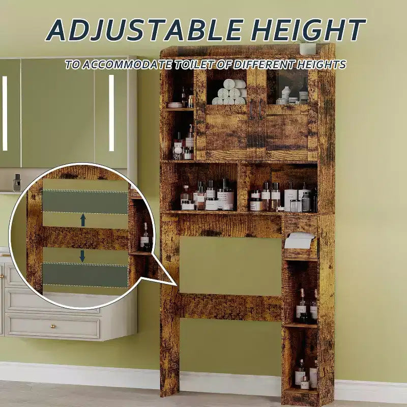 Meuble de rangement sur toilettes avec étagères réglables, armoire de salle de bain haute avec portes vitrées, organisateur de toilettes autoportant pour salle de bain