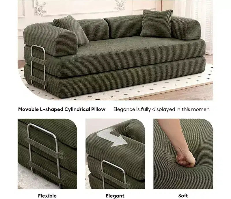 Plateforme de canapé-lit convertible, avec oreiller cylindrique et matelas pliant en velours côtelé, convient pour le salon, la chambre, le boudoir et le studio