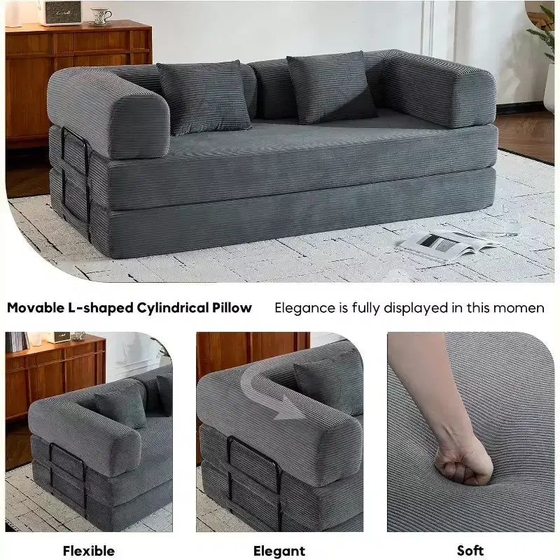Plateforme de canapé-lit convertible, avec oreiller cylindrique et matelas pliant en velours côtelé, convient pour le salon, la chambre, le boudoir et le studio