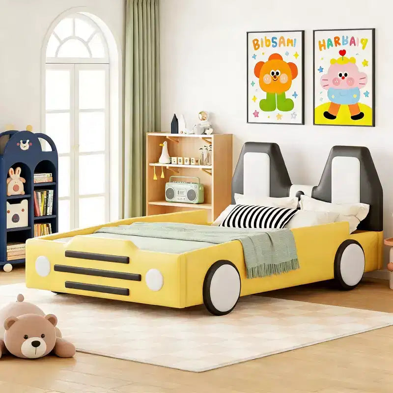 Lit plateforme en forme de voiture de course double taille Luxystar avec garde-corps pour chambre d'enfant