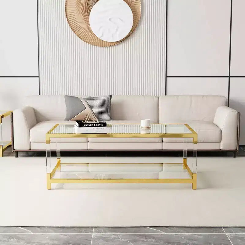 MAYEERTY Modern Acrylic Legs Coffee Table, Double Layer Tempered Glass Top with Golden Metal Frame for Living Room Office