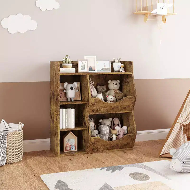 Organisateur de jouets à 3 niveaux pour enfants, étagère double face à 5 compartiments, étagère à livres et à jouets pour chambre d'enfant, salon et maternelle