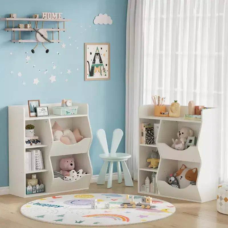 Organisateur de jouets à 3 niveaux pour enfants, étagère double face à 5 compartiments, étagère à livres et à jouets pour chambre d'enfant, salon et maternelle