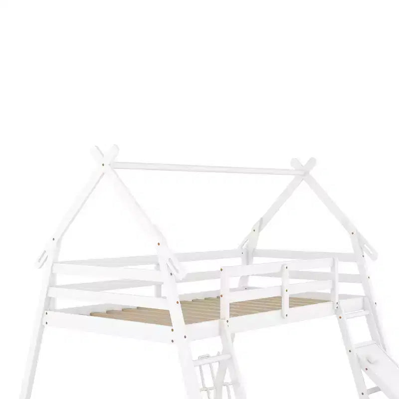 Lit superposé TUYOHW jumeau sur grand lit avec filets et rampe d'escalade, cadre de lit superposé en bois avec garde-corps de sécurité pour enfants et adolescents
