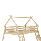 Lit superposé TUYOHW jumeau sur grand lit avec filets et rampe d'escalade, cadre de lit superposé en bois avec garde-corps de sécurité pour enfants et adolescents