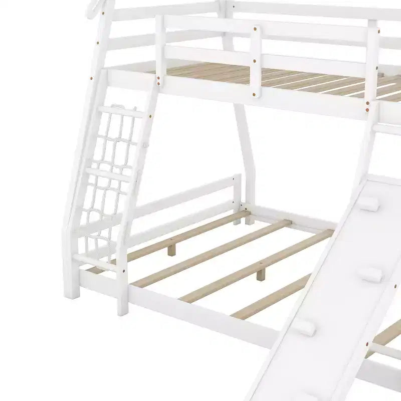 Lit superposé TUYOHW jumeau sur grand lit avec filets et rampe d'escalade, cadre de lit superposé en bois avec garde-corps de sécurité pour enfants et adolescents