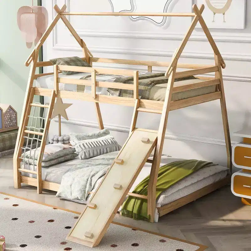 Lit superposé TUYOHW jumeau sur grand lit avec filets et rampe d'escalade, cadre de lit superposé en bois avec garde-corps de sécurité pour enfants et adolescents