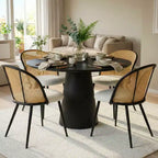 Rattan Dining Chairs Set of 4, Modern Upholstered Armless Kitchen Side Chair with Woven Cane Back, White Boucl Seat & Black Metal Legs - Panipeachy
