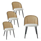 Chaises de salle à manger en rotin, lot de 4, chaises d'appoint de cuisine modernes sans accoudoirs avec dossier en canne tressée, assise en bouclé blanc et pieds en métal noir – Panipeachy
