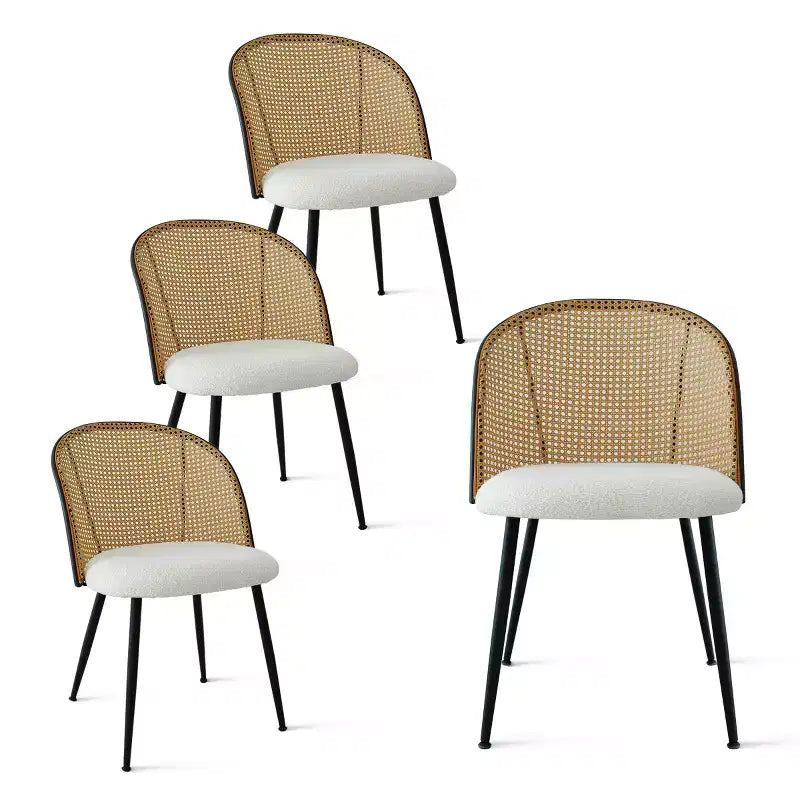 Chaises de salle à manger en rotin, lot de 4, chaises d'appoint de cuisine modernes sans accoudoirs avec dossier en canne tressée, assise en bouclé blanc et pieds en métal noir – Panipeachy