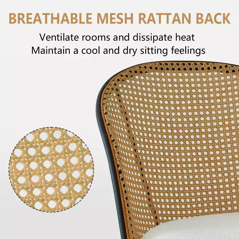 Chaises de salle à manger en rotin, lot de 4, chaises d'appoint de cuisine modernes sans accoudoirs avec dossier en canne tressée, assise en bouclé blanc et pieds en métal noir – Panipeachy
