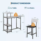 Ensemble table à manger Acekool extensible pour 2 personnes avec étagères de rangement et porte-bouteilles, table de bar et chaises 3 pièces compactes