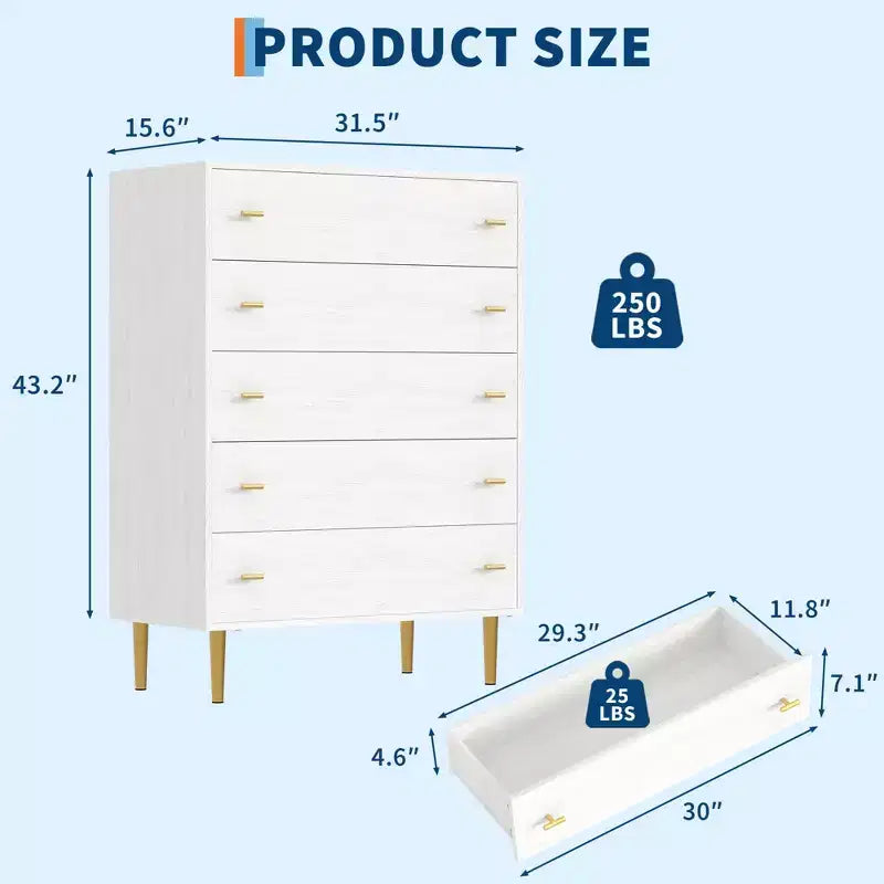 Commode à 5 tiroirs pour chambre à coucher, commode de 109 cm de haut avec poignées de bar, organisateur de commode de rangement, commode étroite de table de chevet pour chambre à coucher
