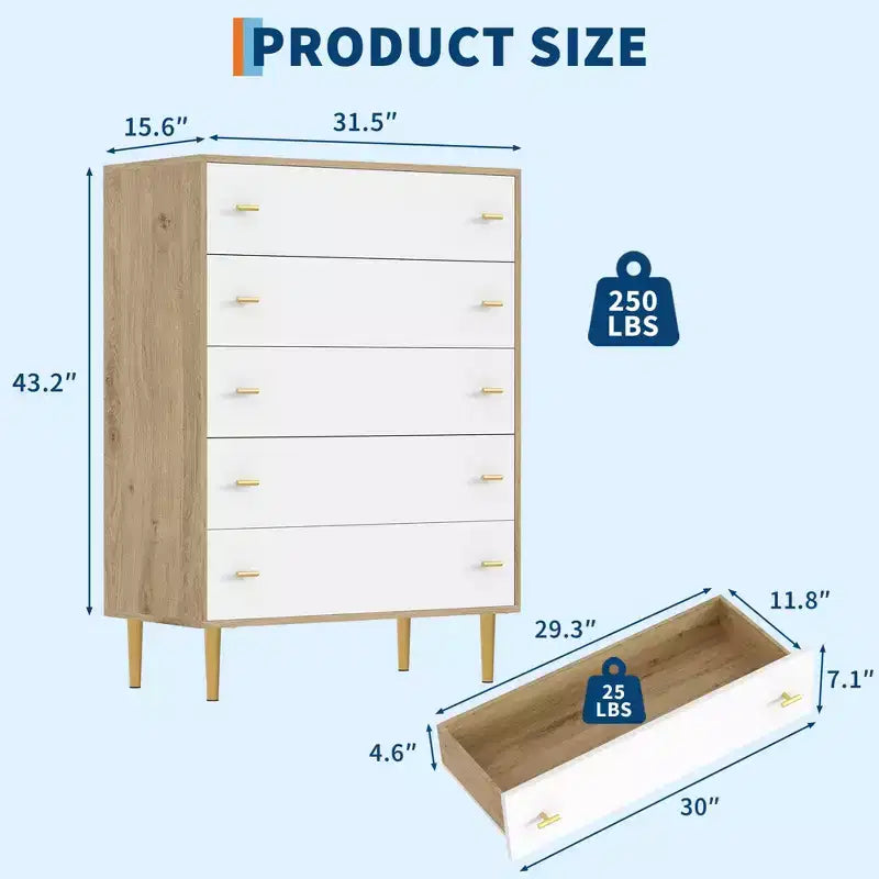 Commode à 5 tiroirs pour chambre à coucher, commode de 109 cm de haut avec poignées de bar, organisateur de commode de rangement, commode étroite de table de chevet pour chambre à coucher