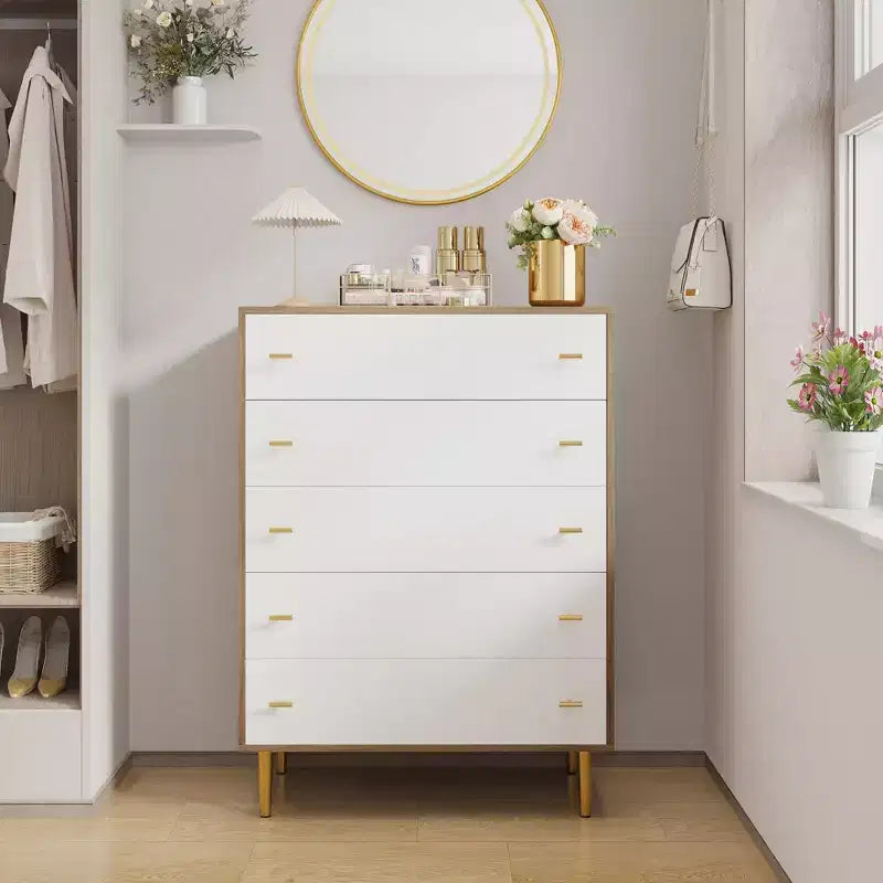 Commode à 5 tiroirs pour chambre à coucher, commode de 109 cm de haut avec poignées de bar, organisateur de commode de rangement, commode étroite de table de chevet pour chambre à coucher