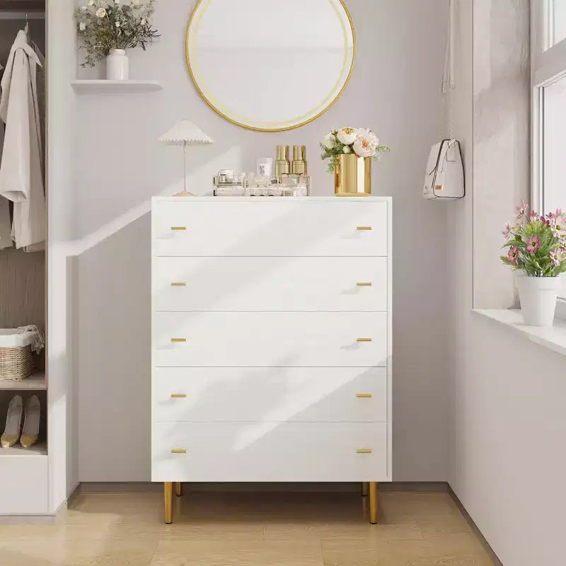 Commode à 5 tiroirs pour chambre à coucher, commode de 109 cm de haut avec poignées de bar, organisateur de commode de rangement, commode étroite de table de chevet pour chambre à coucher