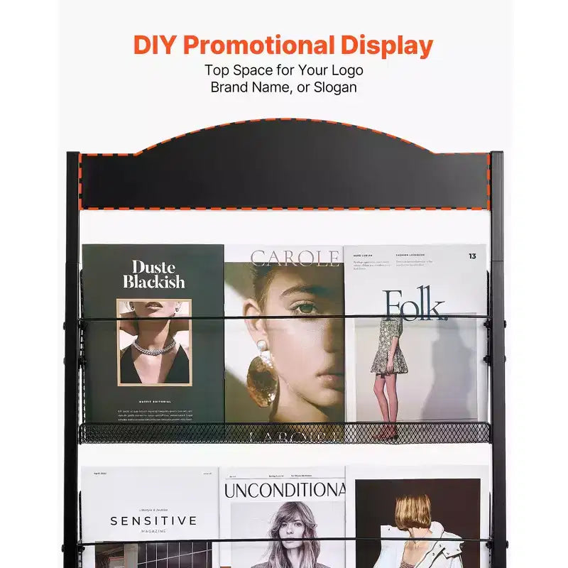 Présentoir de Brochures VEVOR, Support de Présentation de Magazines et Documents à 4 Niveaux avec Roues, Présentoir de Magazines Mobile sur Pied, Noir