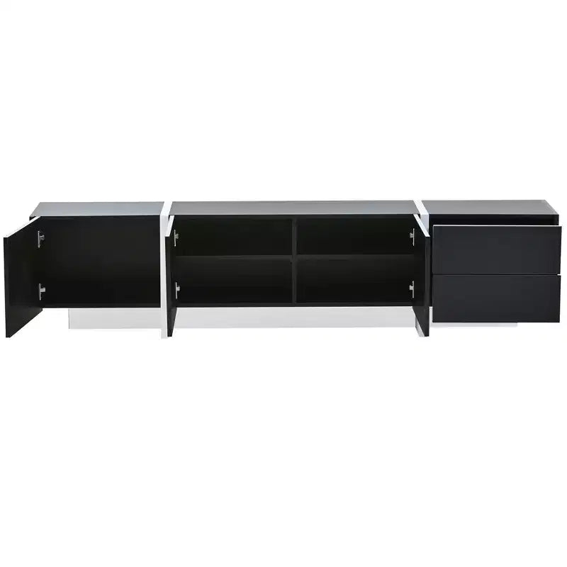 Meuble TV moderne TUYOHW avec surface UV haute brillance pour téléviseurs jusqu'à 80 pouces, meuble de divertissement avec 3 armoires et 2 tiroirs, noir