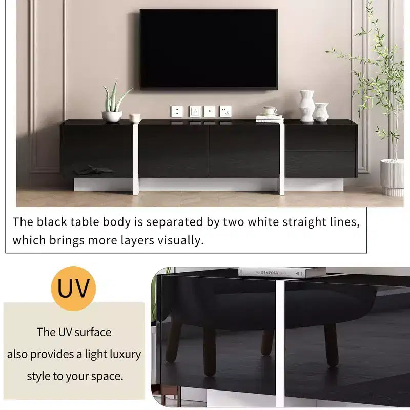 Meuble TV moderne TUYOHW avec surface UV haute brillance pour téléviseurs jusqu'à 80 pouces, meuble de divertissement avec 3 armoires et 2 tiroirs, noir