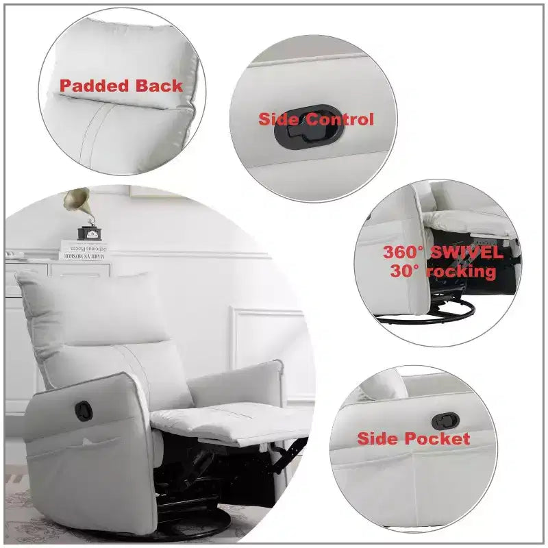 Fauteuil inclinable à bascule avec poches latérales, rotation à 360°, canapé inclinable, fauteuil pivotant de lecture pour salon, salle de cinéma, chambre, gris clair