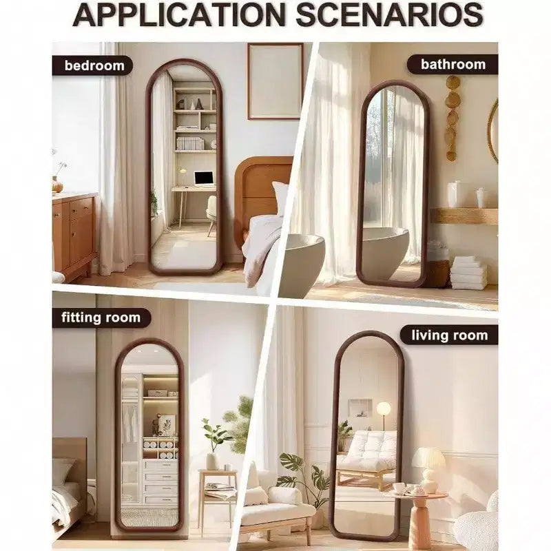 Miroir arqué pleine longueur avec cadre en peluche marron foncé. Autonome, idéal pour être posé ou accroché comme décoration douce