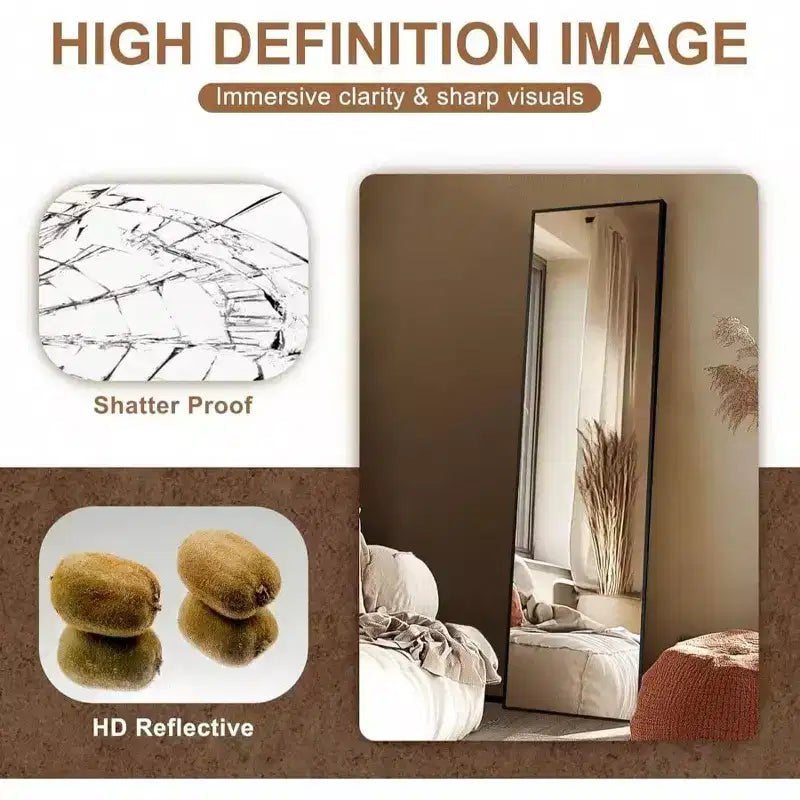 Miroir pleine longueur noir 56x15 - Cadre et support en aluminium. Pour mur, porte, chambre, salle de bain ou salon