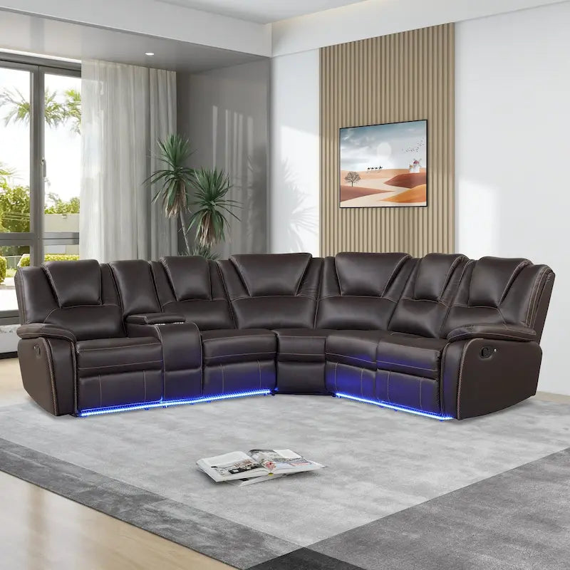 Ensemble de meubles de salon en similicuir moderne inclinable manuellement avec console centrale avec bande lumineuse LED, canapé symétrique en PU