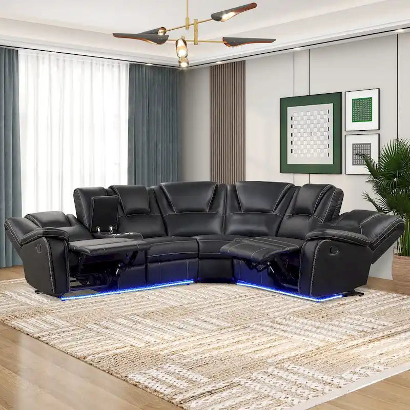 Ensemble de meubles de salon en similicuir moderne inclinable manuellement avec console centrale avec bande lumineuse LED, canapé symétrique en PU