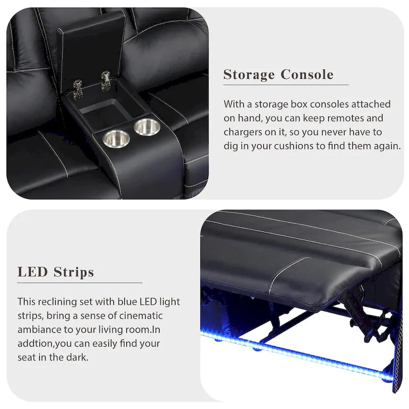 Ensemble de meubles de salon en similicuir moderne inclinable manuellement avec console centrale avec bande lumineuse LED, canapé symétrique en PU