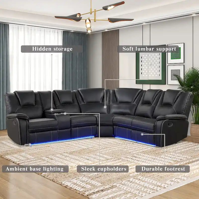 Ensemble de meubles de salon en similicuir moderne inclinable manuellement avec console centrale avec bande lumineuse LED, canapé symétrique en PU