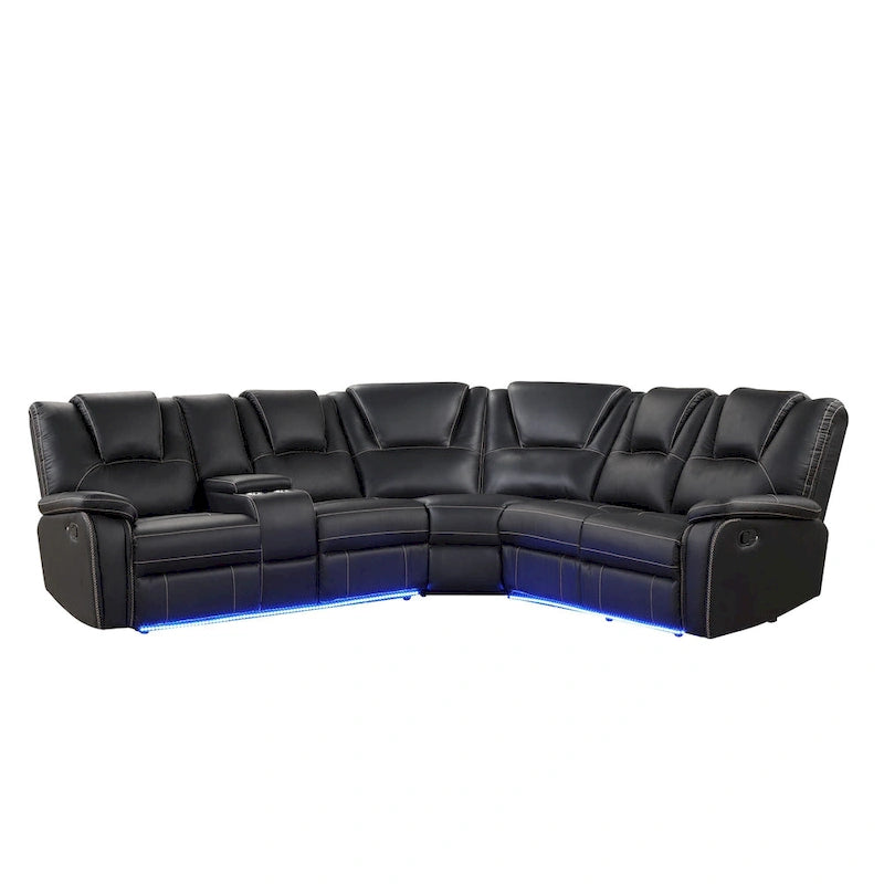 Ensemble de meubles de salon en similicuir moderne inclinable manuellement avec console centrale avec bande lumineuse LED, canapé symétrique en PU