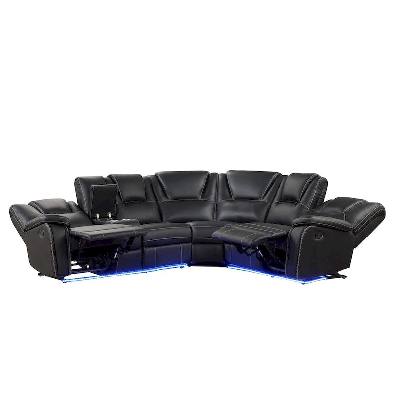 Ensemble de meubles de salon en similicuir moderne inclinable manuellement avec console centrale avec bande lumineuse LED, canapé symétrique en PU