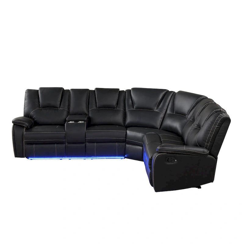 Ensemble de meubles de salon en similicuir moderne inclinable manuellement avec console centrale avec bande lumineuse LED, canapé symétrique en PU