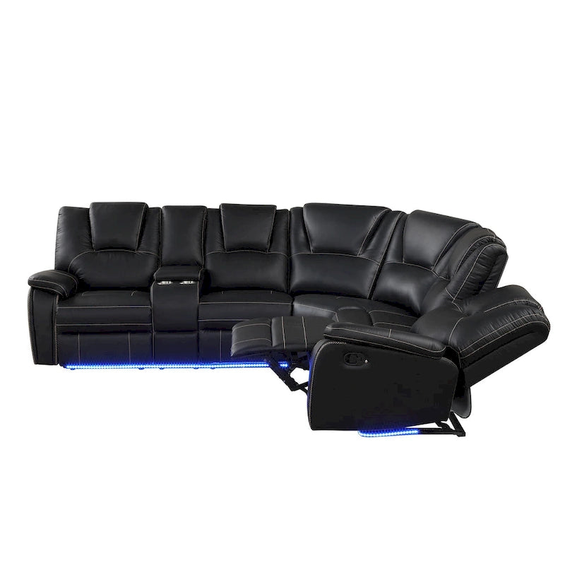 Ensemble de meubles de salon en similicuir moderne inclinable manuellement avec console centrale avec bande lumineuse LED, canapé symétrique en PU