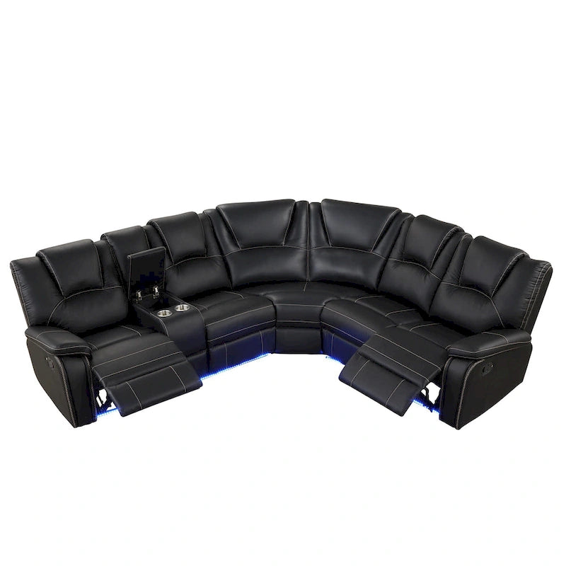 Ensemble de meubles de salon en similicuir moderne inclinable manuellement avec console centrale avec bande lumineuse LED, canapé symétrique en PU