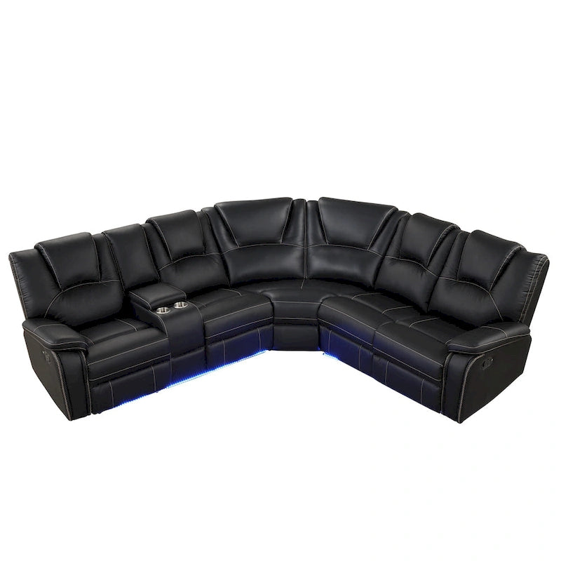 Ensemble de meubles de salon en similicuir moderne inclinable manuellement avec console centrale avec bande lumineuse LED, canapé symétrique en PU